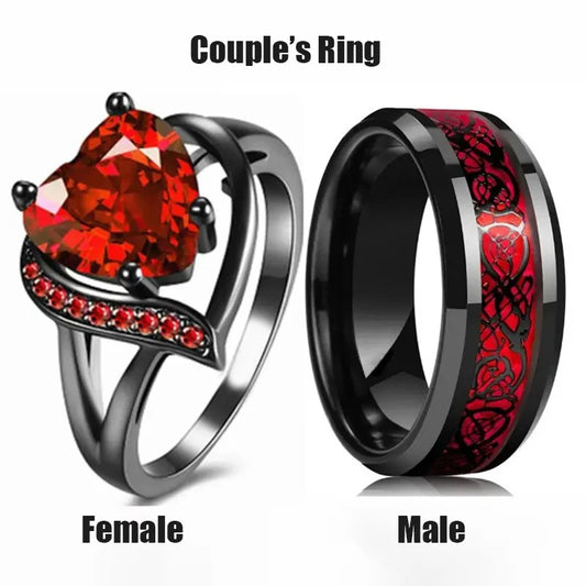 Fashion Couple Rings Romantic Women Heart Red Rhinestones Zircon Ring Men Stainless Steel Celtic Dragon Rings Wedding Jewelry